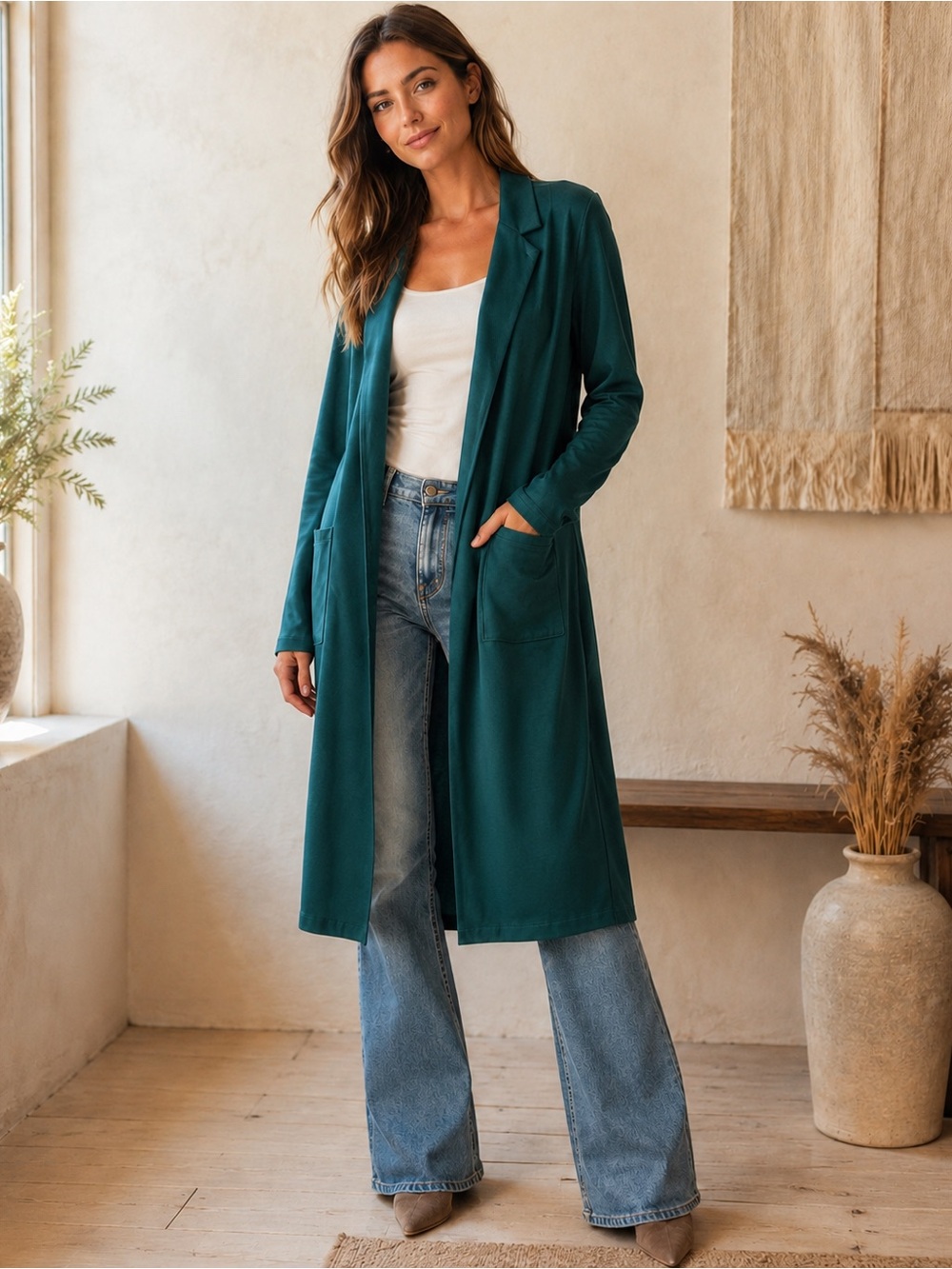 Open-Front Teal Long Blazer Coat